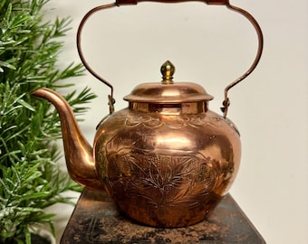 Vintage Small Copper Plated Kettle...Engraved Teapot. Floral Motif. Coffee Pot. Farmhouse. Rustic Kitchen.