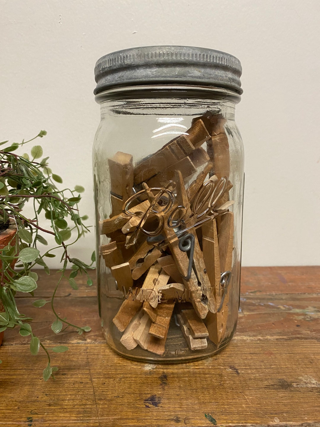Vintage Glass Clothespin Jar...quart. Ball Mason. Farmhouse. Cottage
