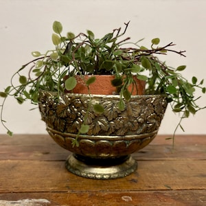 May include: An antique gold-colored decorative bowl with a pedestal base, featuring a detailed relief pattern of leaves and grapes. The bowl holds a small terracotta pot with trailing green plants, creating a vintage aesthetic.