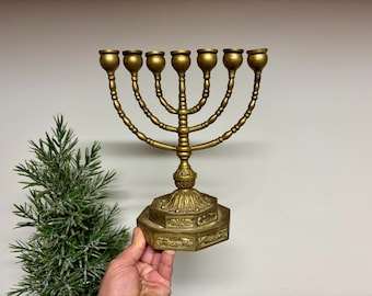 Vintage 7-Arm Solid Brass Candelabra...Temple Menorah. Ornate Candlestick. Holiday Lighting. Mantel Decor. Dining Room. Modern Farmhouse.