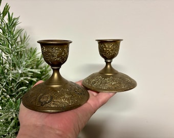 Vintage Ornate Brass Plated Candlesticks…Copper Pair. Taper Candle. Dining Room. Farmhouse. Mantel Lighting.
