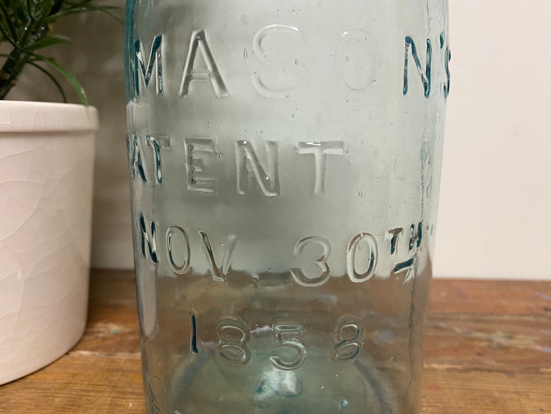 Antique Half Gallon Blue Mason JarGlass. Vintage. Patent. 1858. Canning. Zinc. Farmhouse. Wedding. Rare. Container. Storage. Old. Keystone. image 2