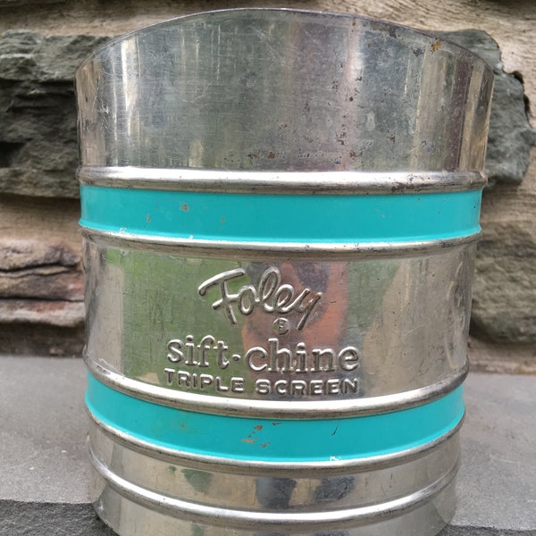 Vintage Foley Sift Chine Flour Sifter..Silver. Turquoise. Screen. Shiny. Old. Retro. Sifting. Cooking. Baking. Farmhouse.Aluminum. Kitschy.