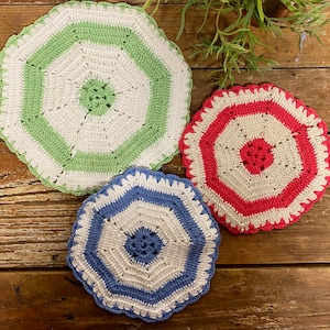 Vintage Crocheted Hot Pad Set…Crochet. Doilies. Retro. Handmade. Green. Pink. Blue. Kitchen. Potholder. Trivet. Cotton. Round. Farmhouse.