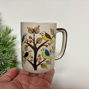 May include: A ceramic mug with a cream-colored background and a brown handle. The mug is decorated with a tree design featuring brown leaves, red berries, and colorful birds in yellow, blue, and black. The mug is held in a hand.