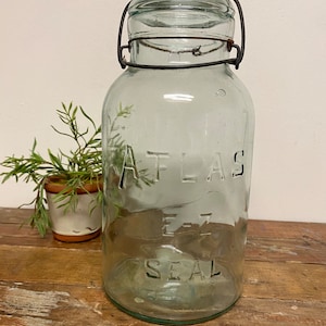 Antique Atlas Half Gallon Mason Jar…Blue. Glass Lid. Bail. Canning. Vintage. Kitchen. Storage. 1920s. Wedding. Farmhouse. EZ Seal. Old. Rare