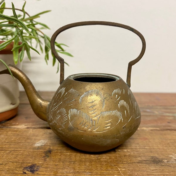 Vintage Miniature Brass Teapot…Old. Retro. Metal. Engraved. India. Dispenser. Tea Pot. Shelf Sitter. Display. Handle. Gooseneck. Spout.