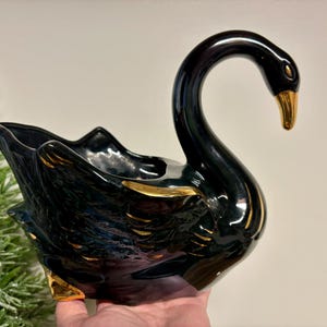 Vintage Black Swan Planter…Glazed. Pottery. Bird. Gold. Dark. Mid Century. Kitschy. Plants. MCM. Spring Decor. Mother’s Day Gift. Retro. Old