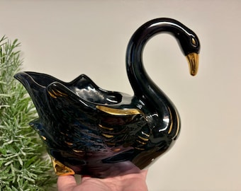 Vintage Black Swan Planter: Glazed Pottery with Gold Accents