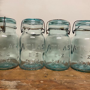 Antique Quart Atlas Mason Jar…Canning. E-Z Seal. Bail. Wire. Glass. Lid. Vintage. Blue. Farmhouse. Numbered. Organization. Wedding. Retro.