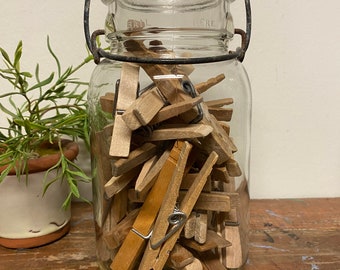 Vintage Glass Clothespin Jar...Quart. Retro. Farmhouse. Cottage. Laundry Room Decor. Spring-Style. Wood. Clothespins. Wire Bale. Glass Lid.