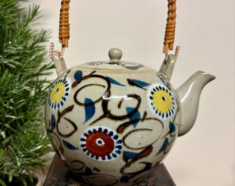 Vintage Aritaware Pottery Floral Teapot...Wicker Handle. Boho. Eclectic Decor. Made in Japan. Tea. Kitchen. Drinks. Serving. Spout. Lid.