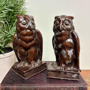 May include: Pair of brown owl bookends. Each owl is perched atop a book, with detailed feather and eye features. The bookends have a distressed finish with silver accents, adding a vintage aesthetic. Ideal for a bookshelf or desk.