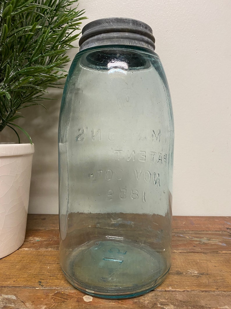 Antique Half Gallon Blue Mason JarGlass. Vintage. Patent. 1858. Canning. Zinc. Farmhouse. Wedding. Rare. Container. Storage. Old. Keystone. image 5