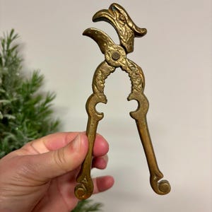 May include: A vintage brass nutcracker with an eagle head design. The nutcracker has a detailed, textured surface and a lever-style mechanism. The handles have a scrolled design at the ends.