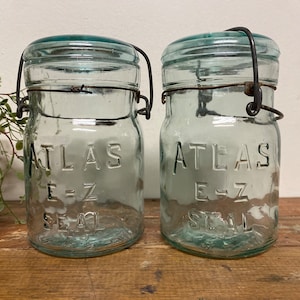 Antique Pint Atlas Mason Jar…Canning. E-Z Seal. Bail. Wire. Glass. Lid. Vintage. Blue. Farmhouse. Numbered. Organization. Wedding. Retro.