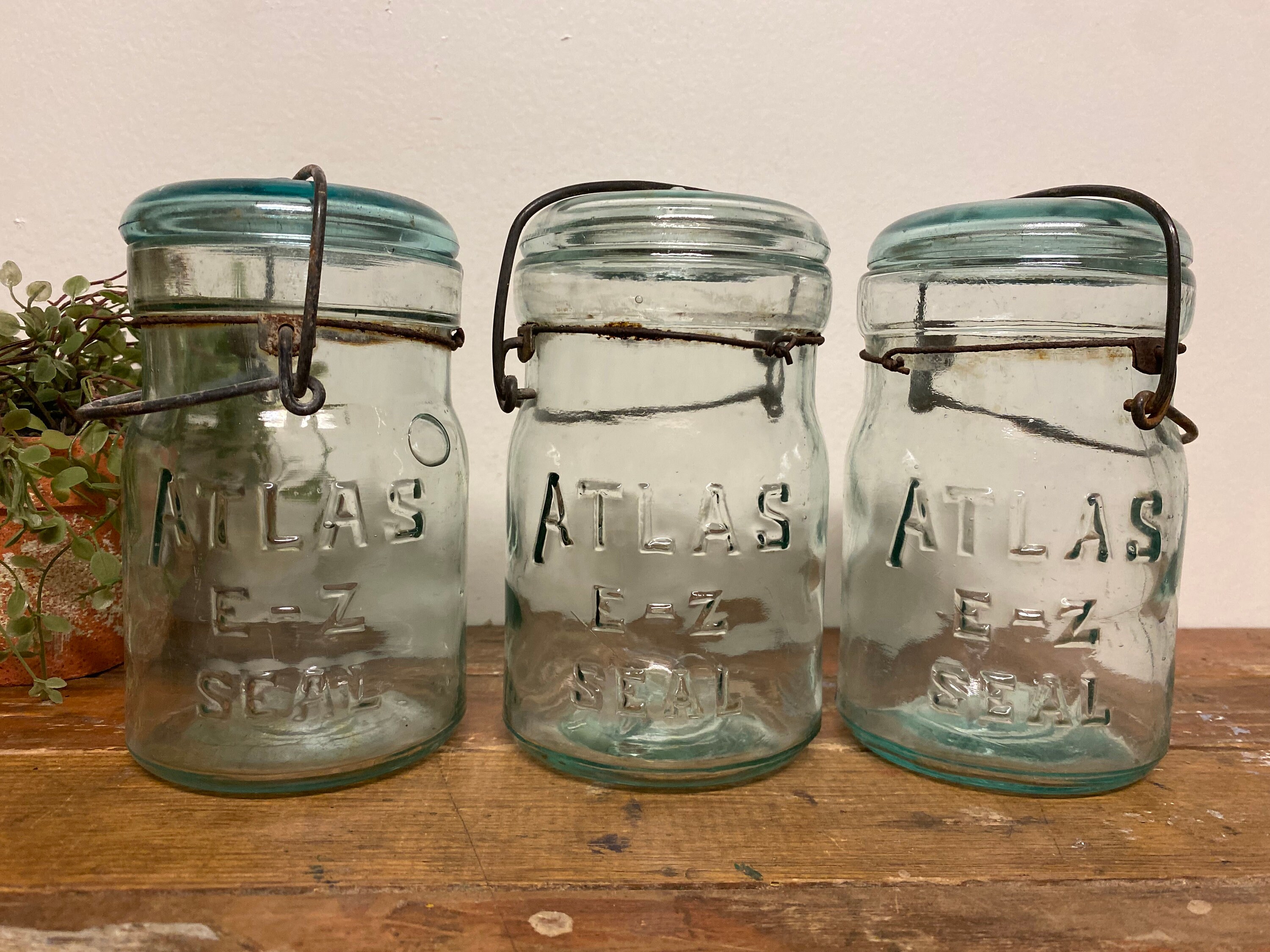 Antique Atlas Blue Glass Jar…One. Pint. Canning. EZ-Seal. Mason. Vintage. Old. Retro. Kitchen. Canning. Farmhouse. Wedding. 1920s. Lid. Bail