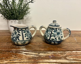 Vintage Blue Porcelain Sugar and Creamer Set...Modern Farmhouse. Cracked Finish. Flowers All Over. Made in Vietnam.