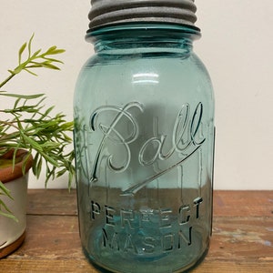 RARE Antique Ribbed Blue Quart Jar…Ball. Vintage. Glass. Canning. Zinc. Lid. Farmhouse. Wedding. Organization. Container. Perfect. Mason. #8
