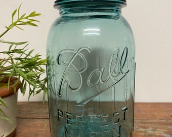 RARE Antique Ribbed Blue Quart Jar…Ball. Vintage. Glass. Canning. Zinc. Lid. Farmhouse. Wedding. Organization. Container. Perfect. Mason. #8