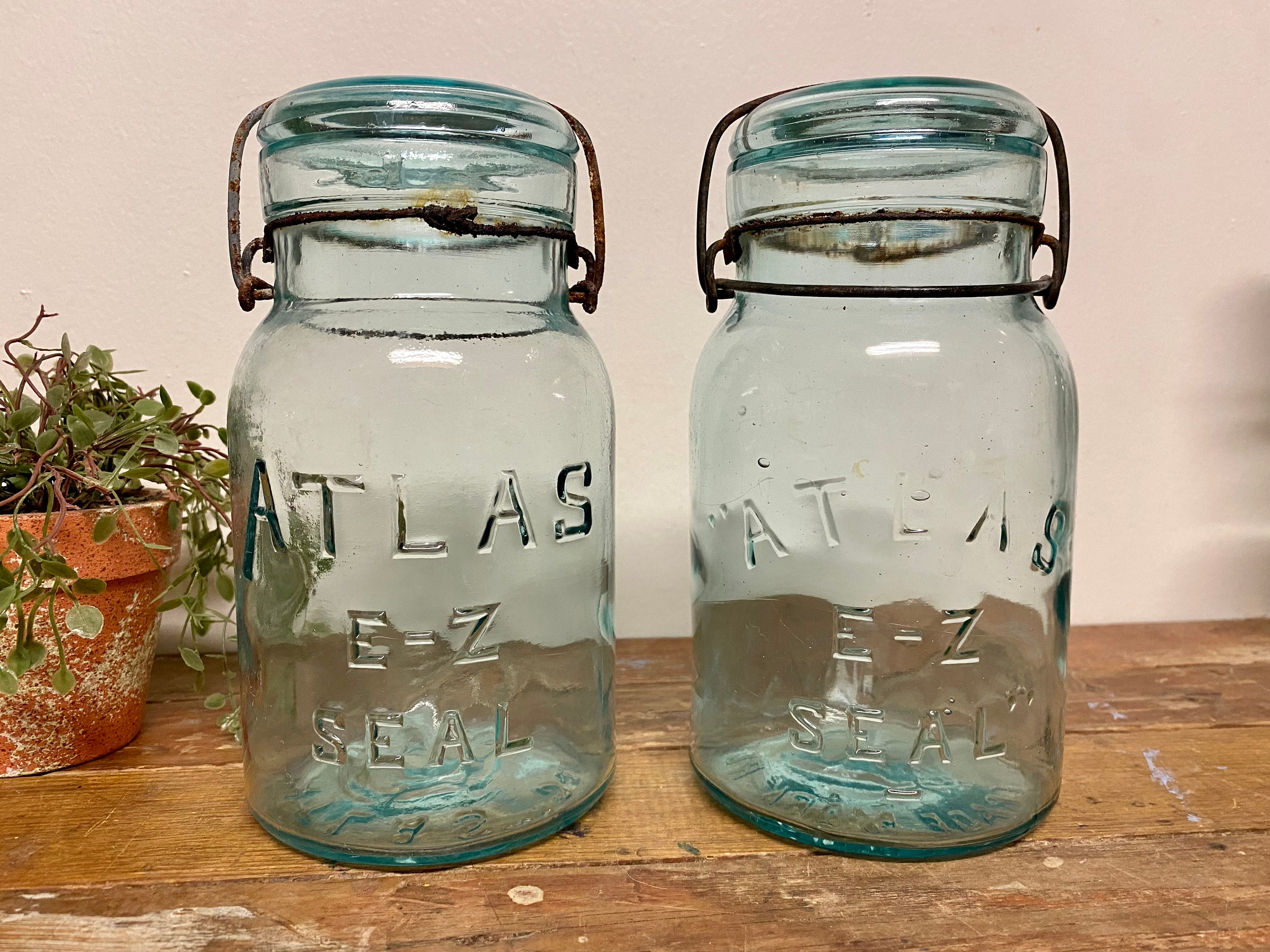 Antique Atlas Blue Glass Jar...Quart. Canning. EZ-Seal. Mason. Vintage. Retro. Kitchen. Farmhouse. Wedding. 1920s. Glass Lid. Wire Bail. Old