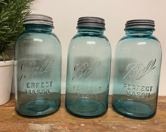 Antique Half Gallon Blue Ball Jar…Vintage. Perfect. Mason. Canning. Lid. Zinc. Retro. Farmhouse. Wedding. Container. Storage. Organization.