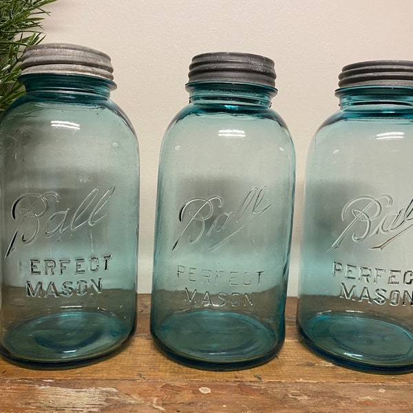 Antique Half Gallon Blue Ball Jar…Vintage. Perfect. Mason. Canning. Lid. Zinc. Retro. Farmhouse. Wedding. Container. Storage. Organization.