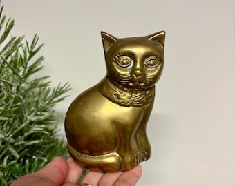 Vintage Brass Good Luck Cat Figurine…Kitty Sculpture. Retro..Mid Century. 1980's. Shiny. Patina.