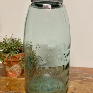 Antique Atlas Half Gallon Mason Jar…Blue. Glass. Vintage. Patent. 1858. Canning. Zinc. Farmhouse. Wedding. Rare. Container. Organization.