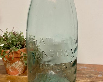 Antique Atlas Half Gallon Mason Jar…Blue. Glass. Vintage. Patent. 1858. Canning. Zinc. Farmhouse. Wedding. Rare. Container. Organization.