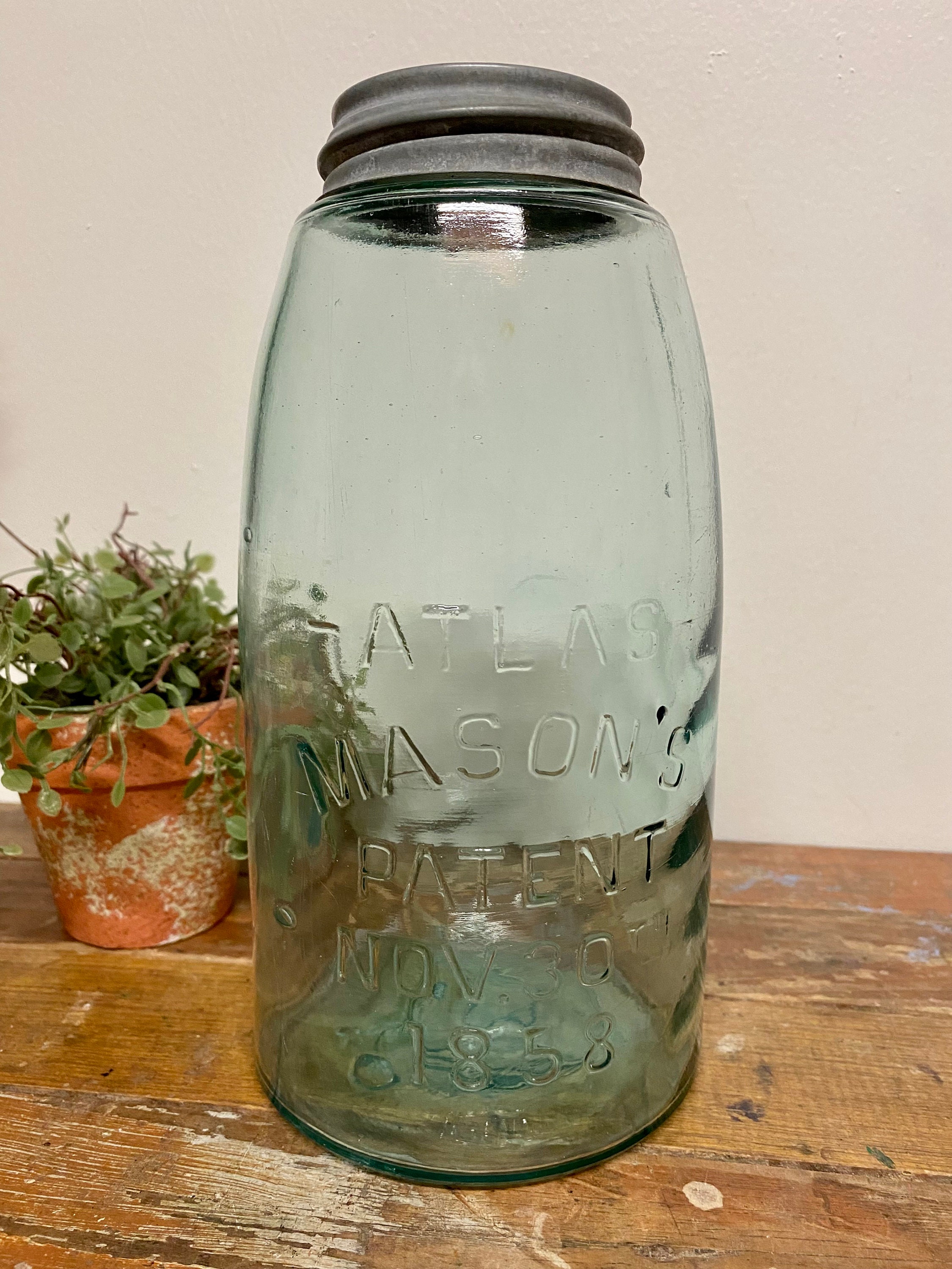 Antique Atlas Half Gallon Mason Jar: Blue Glass, Zinc Lid, 1858