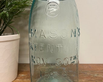 Antique Half Gallon Blue Mason Jar…Glass. Vintage. Patent. 1858. Canning. Zinc. Farmhouse. Wedding. Rare. Container. Storage. Old. Keystone.