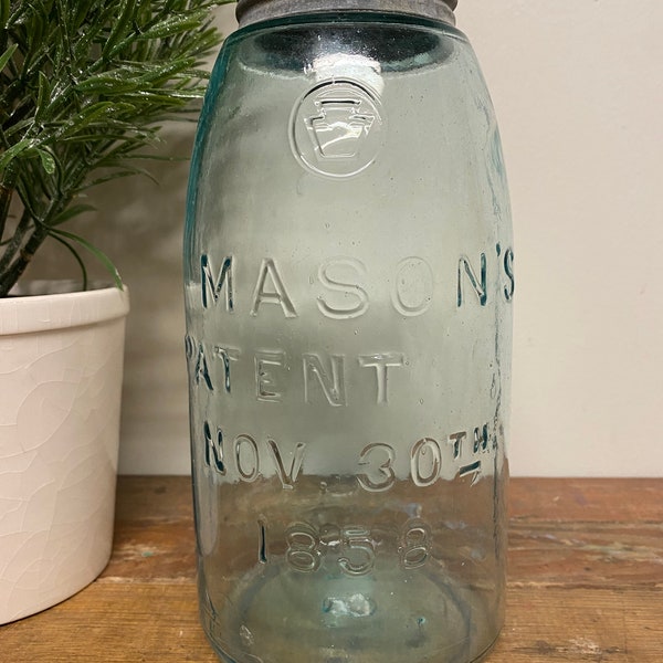 Antique Half Gallon Blue Mason Jar…Glass. Vintage. Patent. 1858. Canning. Zinc. Farmhouse. Wedding. Rare. Container. Storage. Old. Keystone.