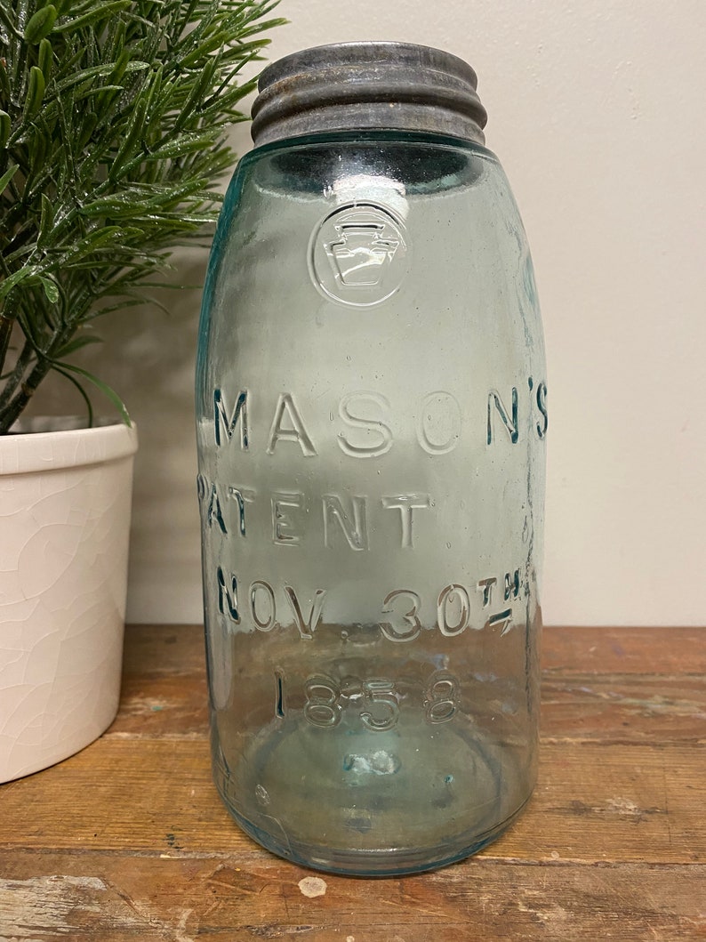 Antique Half Gallon Blue Mason JarGlass. Vintage. Patent. 1858. Canning. Zinc. Farmhouse. Wedding. Rare. Container. Storage. Old. Keystone. image 1