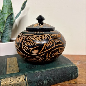 Vintage Black Wood Container with Lid...Hand Carved. Mid Century Decor. Eclectic. Lidded Bowl.