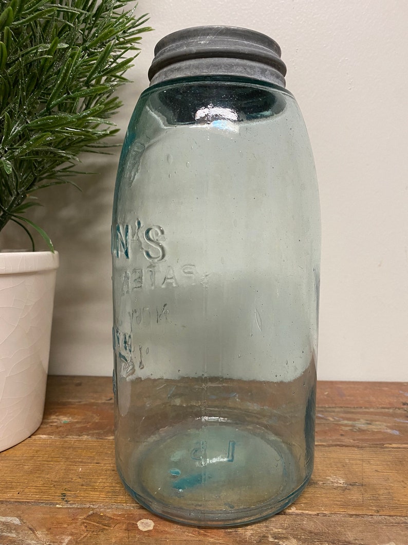 Antique Half Gallon Blue Mason JarGlass. Vintage. Patent. 1858. Canning. Zinc. Farmhouse. Wedding. Rare. Container. Storage. Old. Keystone. image 4