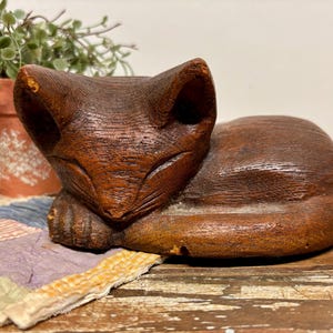 Vintage Sleeping Kitten Figurine…Cat. Wood. Composite. Kitty. Retro. Mid Century. Animal. Cat Decor. Brown. Ears. Whiskers. Crazy Cat Lady.