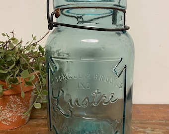 Antique Quart Lustre Blue Mason Jar…Old. Vintage. Rare. Canning. Collectible. Preserving. Farmhouse. Wedding. Glass Lid. Wire Bail. Kitchen.