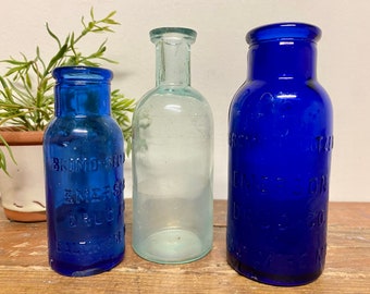 Vintage Blue Glass Medicine Bottles…Set. Three (3). Cobalt. Light Blue. Apothecary. Medicinal. Antique. French Country. Decor. Farmhouse.