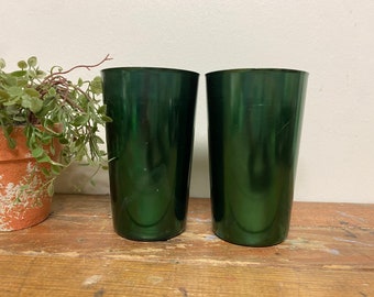 Vintage Bascal Green Aluminum Cups Set…Two (2). Metallic. Shiny. Bright. Colorful. 8 ounce. Cup. Drinks. Tumblers. 1960s. Summer. Cold.