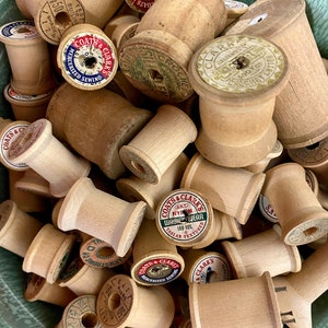 Vintage Naked Wooden Spools Set…Ten (10). Old. Retro. Sewing. Seamstress. Bobbins. Cotton. Crafting. Label. Farmhouse. Thread. Antique. Wood