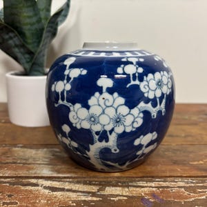 May include: A round, blue and white ceramic vase with a floral design. The vase has a wide body and a narrow neck. The floral design features white blossoms and branches against a dark blue background. A small potted plant is in the background.