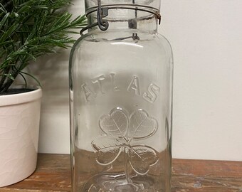 Vintage Atlas Half Gallon Good Luck... Clear. Canning. Preserving. Jar. Container. Four Leaf Clover. Shamrock. St. Patrick’s Day. Lucky. Old