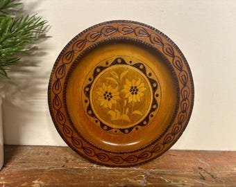 Vintage Decorative Polish Wood Plate…Hand Carved.  Boho. Eclectic. Hardwood. Floral. Etched. Retro. 1970’s. European.
