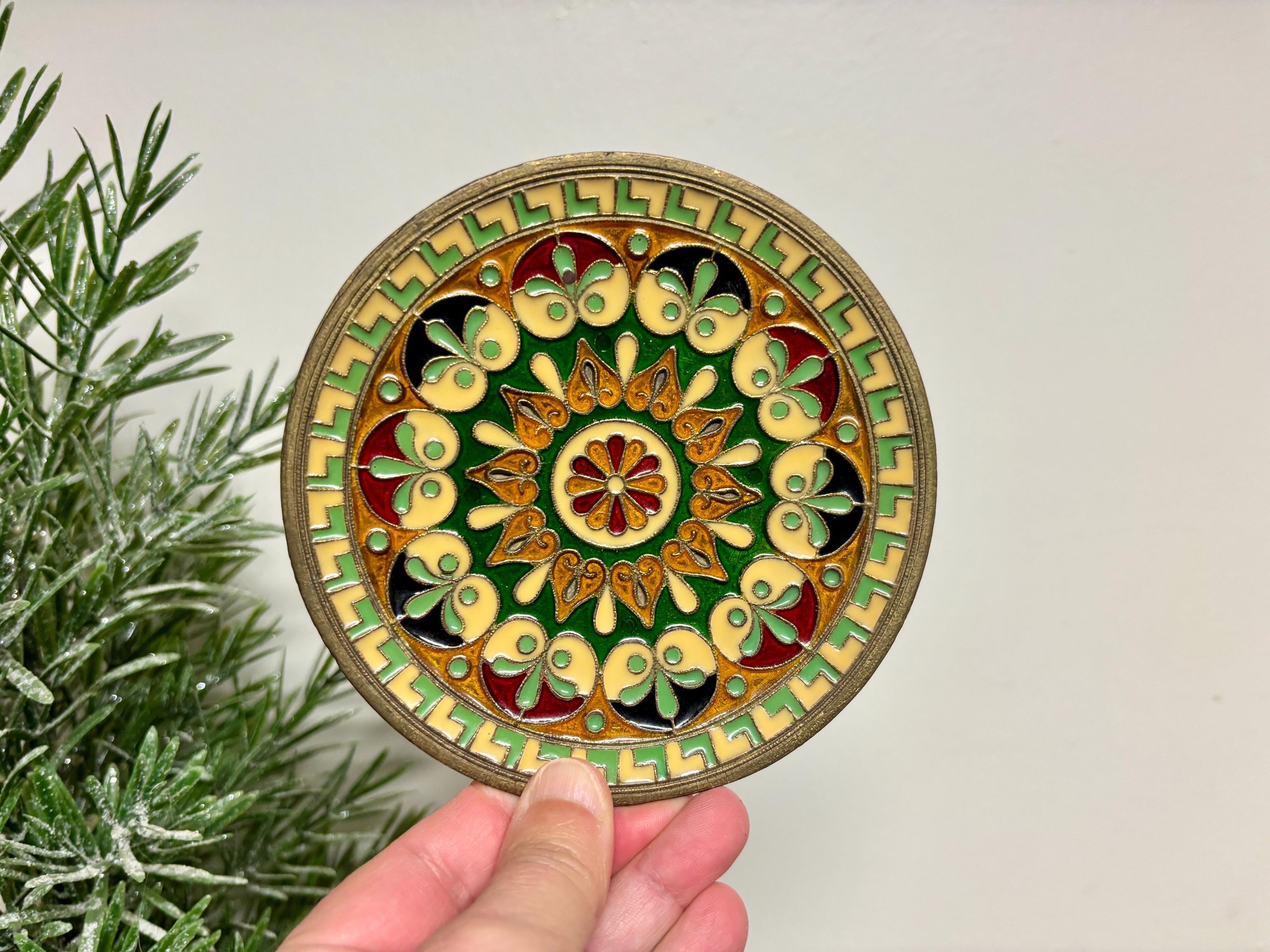 Vintage Cloisonne Trinket Dish: Byzantine Floral Enamel, Brass Wall Hanging
