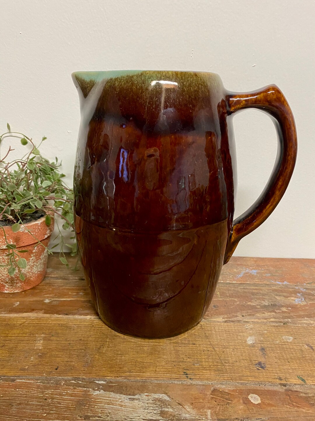 Vintage Brown Pottery Pitcher Old. Retro. Drip. Glazed. Etsy