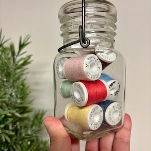 Vintage Miniature Mason Spools Jar…Thread. Old. Antique. Lid. Bail. Sewing. Seamstress. Bobbins. Canning. Farmhouse. Primitive. Country.