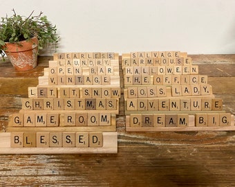 Vintage Scrabble Tile Word Plaque: Custom Upcycled Wood Block