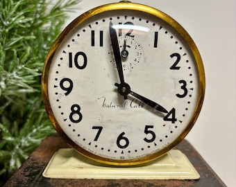 Vintage Ingraham National Call Alarm Clock…Display Piece. Hands. Numbers. Timepiece. Ivory. Wind Up. Cream. Antique. Tabletop. Round. 1950s.