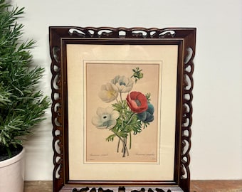 Vintage Framed Botanical Print….Floral Bouquet. Anemone Simplex. Wood Frame. Mid Century. Retro. Gallery Wall. Cottagecore. Redoute.